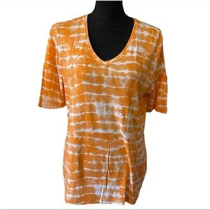 By CHICO’S Size 3 or US 16 Orange & White Tie Dye Tee Shirt Short Sleeve V-Neck